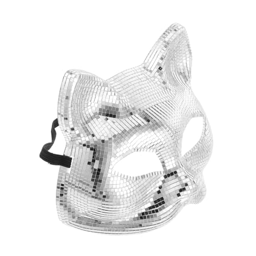 HOUDERCO Disco-katze-gesichtsmaske Discokugel-kostüm Für Damen Katzen-maskerade-maske Discokugel-kostüm Für Herren Spiegel Kostüm Silberne Vollgesichtsmaske Weiße Katzenmaske Silver Glas von HOUDERCO