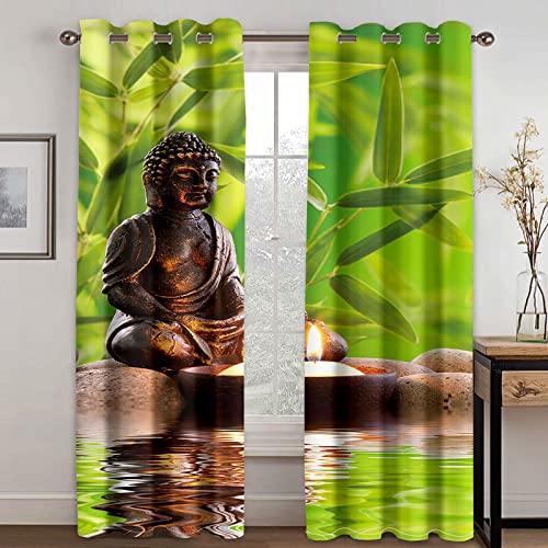 HOUKAI Vorhänge Kinderzimmer Junge 3D Grüner Buddha Zen Vorhänge Jungen Kinder Mädchen 200x214 cm Vorhänge Blickdicht Dekor Schlafzimmer, Verdunkelungs Fenster Vorhang Panels, Gardinen Mit Ösen von HOUKAI