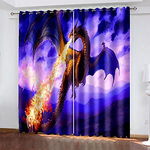 HOUKAI Vorhänge Kinderzimmer Junge 3D Tier Drache Flamme Vorhänge Jungen Kinder Mädchen 200x214 cm Vorhänge Blickdicht Dekor Schlafzimmer, Verdunkelungs Fenster Vorhang Panels, Gardinen Mit Ösen von HOUKAI