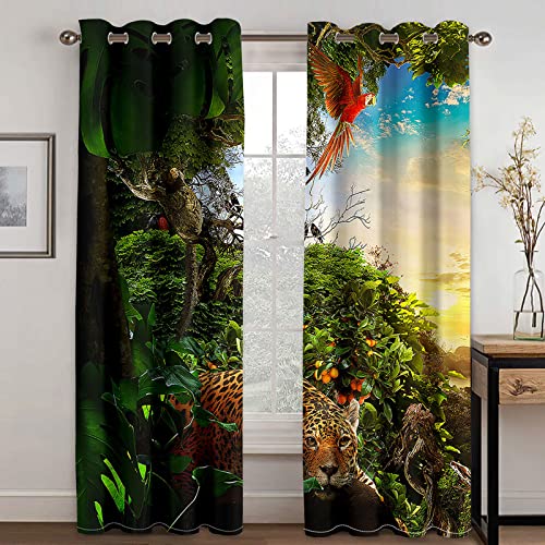 Vorhänge Kinderzimmer Junge 3D Dschungel Tier Tiger Papagei Vorhänge Jungen Kinder Mädchen 200x214 Cm Vorhänge Blickdicht Dekor Schlafzimmer, Verdunkelungs Fenster Vorhang Panels, Gardinen Mit Ösen von HOUKAI