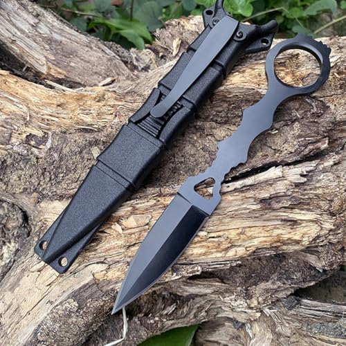 HOUO Jagdmesser Neck Knife Messer Feststehende Edc Messer,Stiefelmesser Klinge outdoor messer survival überlebensmesser bushcraft messer mit Kydexscheide 440c stahl 17cm (Schwarz) von HOUO