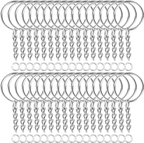 HOUSTA 100 Stück Schlüsselring mit Kette 25mm Schlüsselanhänger Ring Keyring Chain Epoxidharz Schlüsselanhänger Basteln für Schlüssel Handwerk, Schmuckherstellung, Rostfreies Metall (Silber) von HOUSTA