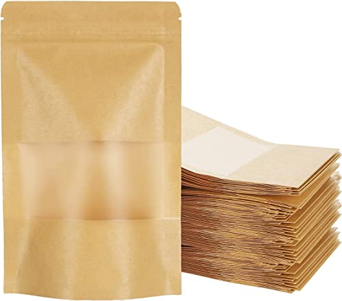 HOUSTA 50 Stück Papiertüten mit Fenster Kleine Papiertütchen Braun Wiederverwendbar Geschenktüten Papierbeutel 12 x 20 cm Papier Beutel für Nüsse, Kaffeebohnen, Teeblätter, Gewürze von HOUSTA