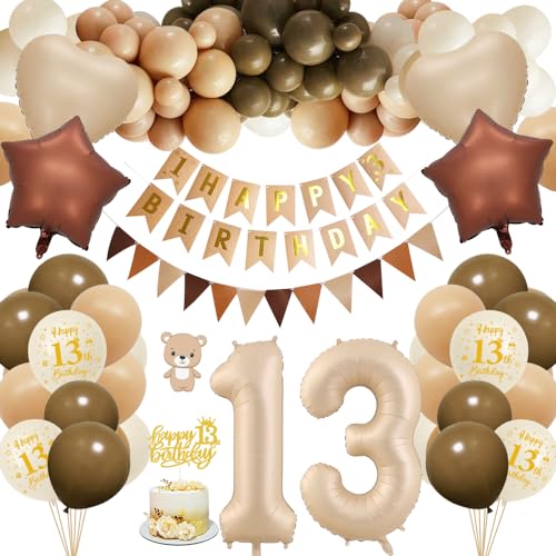 13. Geburtstagdeko Junge Mädchen, 13 Jahre Braun Beige Ballon Arch Kit mit Happy Birthday Banner, Cake Topper, Geburtstag Zahlen Luftballon 13 Jahre, Folienballon, Party Deko für Geburtstag von HOUSTAR