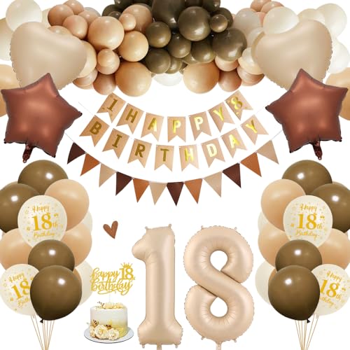 18. Geburtstagdeko Junge Mädchen, 18 Jahre Braun Beige Ballon Arch Kit mit Happy Birthday Banner, Cake Topper, Geburtstag Zahlen Luftballon 18 Jahre, Folienballon, Party Deko für Geburtstag von HOUSTAR