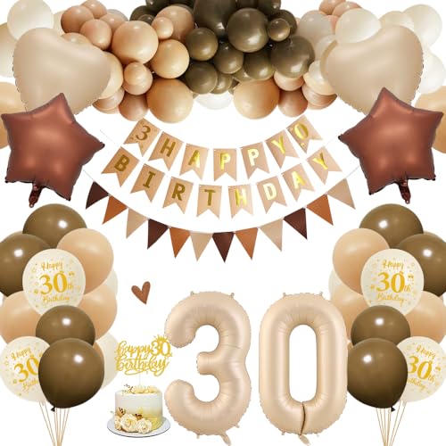 30. Geburtstagdeko Frauen Männer, 30 Jahre Braun Beige Ballon Arch Kit mit Happy Birthday Banner, Cake Topper, Geburtstag Zahlen Luftballon 30, Folienballon, Party Deko für 30 Geburtstag von HOUSTAR