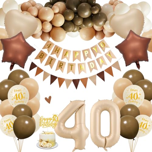 40. Geburtstagdeko Frauen Männer, 40 Jahre Braun Beige Ballon Arch Kit mit Happy Birthday Banner, Cake Topper, Geburtstag Zahlen Luftballon 40, Folienballon, Party Deko für 40 Geburtstag von HOUSTAR