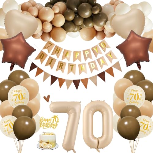 70. Geburtstagdeko Frauen Männer, 70 Jahre Braun Beige Ballon Arch Kit mit Happy Birthday Banner, Cake Topper, Geburtstag Zahlen Luftballon 70, Folienballon, Party Deko für 70 Geburtstag von HOUSTAR