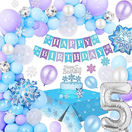 HOUSTAR 5 Jahre Frozen Geburtstagsdeko, Elsa Geburtstagsparty Deko, Eis Schnee Prinzessin Deko Geburtstag 5 mit Tischdecke, Blau Lila Frozen Ballon Girlande Set für Mädchen 5. Geburtstag Dekorationen von HOUSTAR