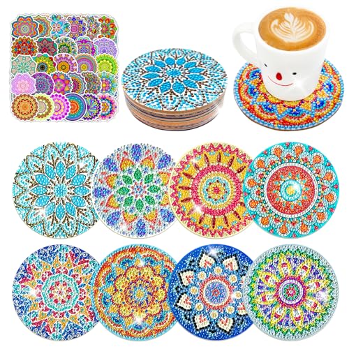 HOUT 8 Stück Diamond Painting Untersetzer - Diamond Painting Erwachsene - Kunst-Diamant-Malerei-Set mit Mandala-Aufklebern - Diamond Painting Kinder - Diy Mandala Coasters für Anfänger, Kinder von HOUT