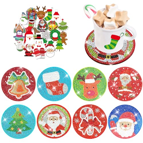 HOUT 8 Stück Weihnachten Diamond Painting Untersetzer - Diamond Painting Erwachsene - Kunst-Diamant-Malerei-Set mit Weihnachten-Aufklebern - Diy Mandala Coasters für Anfänger, Jungen und Mädchen von HOUT