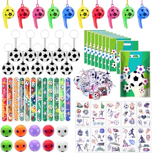 HOVIBU 112 Pcs Fußball Party Mitgebsel Kinder, Fussball Geschenke Mitbringsel Kindergeburtstag mit Geschenk Taschen, Schlüsselanhänger, Schnapparmband, Sticker, Spinning-Fußball, für Junge und Mädchen von HOVIBU