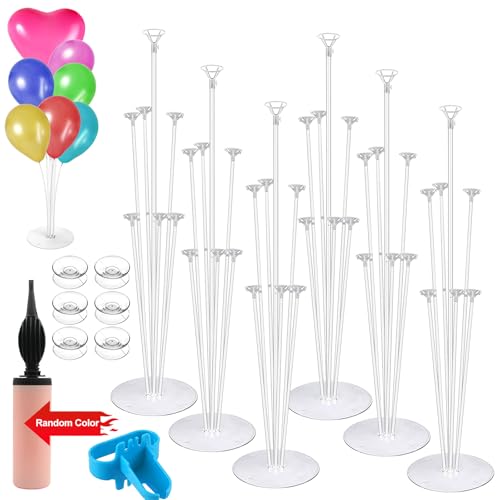 HOVIBU 6 Stück Luftballon Ständer, Ballonständer, Luftballon Halter Zubehör, Balloon Stand Kit, Ballon Stick Halter, mit Luftballonpumpe & Luftballonknoter & 18 x Saugnapf Zubehör, Wiederverwendbar von HOVIBU