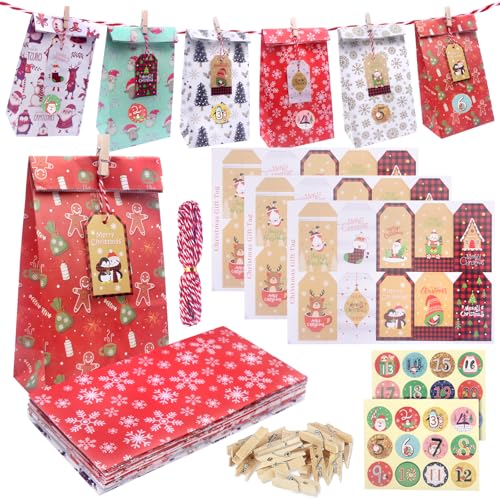 HOVIBU Adventskalender zum Befüllen, 24PCS 2024 Weihnachtskalender zum Befüllen, Adventskalender zum Selbstbefüllen mit 10m Seil, 24 Tüten und Aufkleber, DIY Papiertüten Adventskalender zum Basteln von HOVIBU