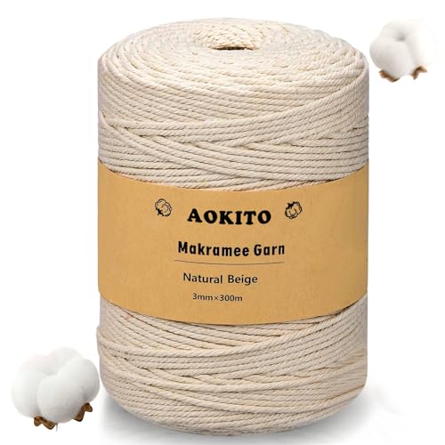 HOVIBU Premium Makramee Garn Beige, 3mm x 300m Makramee Baumwollgarn, Baumwollkordel Natur, Baumwoll Bastelschnur für DIY Handwerk Basteln Stricken Boho Deko Wandbehang Dekoration Wohnzimmer Balkon von HOVIBU