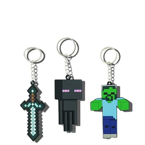 HOVUK Mine-Craft-Schlüsselanhänger für Kinder – Schwert, Enderman, Steve, Zombie, Alex, Creeper-Schlüsselanhänger, Sammlerstücke, Gaming-Mine-Craft-Geschenke, Partytütenfüller für Jungen, 3 x Zombie, von HOVUK