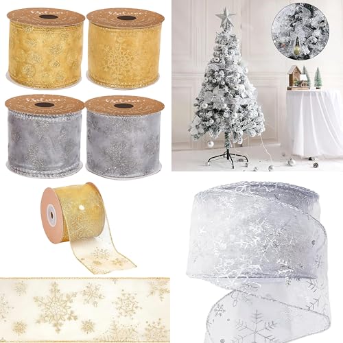 Weihnachtsbänder, 6,3 cm breit, Organzaband, Schneeflocken- und Punktemuster, durchscheinendes Glitzerband mit Spule für Weihnachtsdekoration, Geschenkverpackungen, Partydekoration, Bastelbänder, 3 von HOVUK