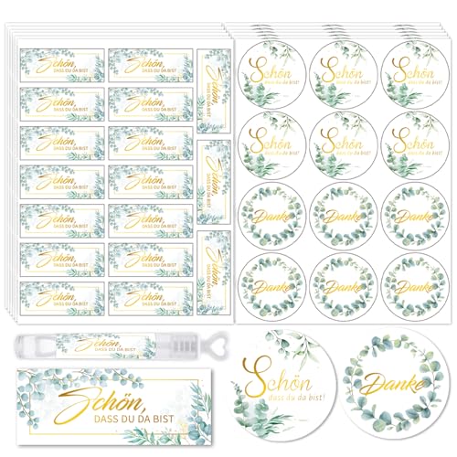 HOWAF 12 Bögen-348pcs Aufkleber Schön dass du da bist, Sticker Hochzeit Gästebuch, Aufkleber Hochzeit Eukalyptus, Sticker Danke für Gastgeschenke Hochzeitsdeko, Taufe, Kommunion, Konfirmation von HOWAF