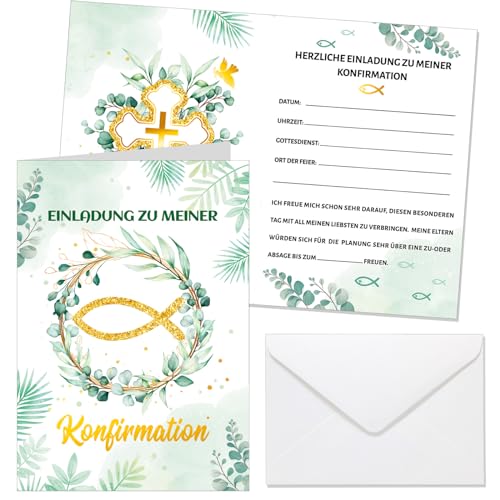 HOWAF 12 Einladungskarten Konfirmation mit Umschlag, Einladung Konfirmation Einladungskarten Fisch Konfirmation Karte, Einladungen zur Konfirmation Jungen Mädchen Firmung Konfirmation Deko von HOWAF