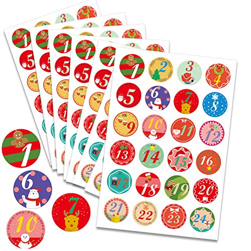 HOWAF 192 Stücke Adventskalender Aufkleber Zahlen 1-24 Sticker Adventskalenderzahlen Etiketten selbstklebend Nummern Aufkleber für Papiertüten Weihnachten DIY Adventskalender zum selber basteln von HOWAF