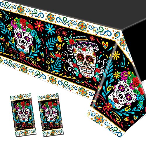 HOWAF 2 Dia De Los Muertos Tischdecke Einweg-Kunststoff-Tischdecken, PVC Halloween Tischdecke Halloween Deko Tag der Toten Rechteck Tischdecken Wasserdicht Halloween Tischdeko Dia De Los Muertos deko von HOWAF