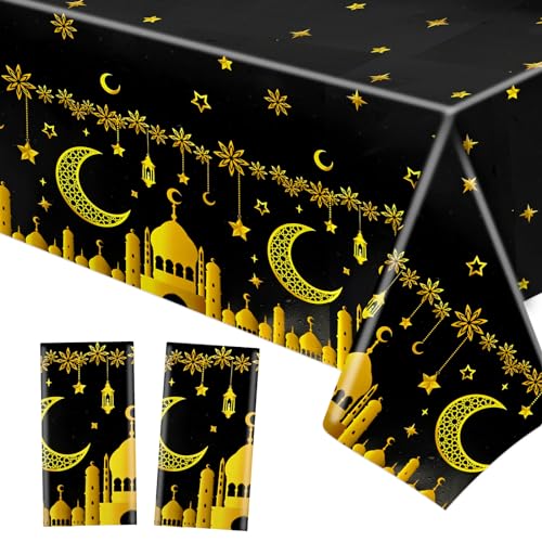 HOWAF 2 Ramadan Tischdecke Eid Mubarak Einweg-Kunststoff-Tischdecken, PVC Mond Stern Rechteck Tischdecke Ramadan Tischdecken Wasserdicht für Ramadan Dekoration Eid Mubarak Dekoration, Blau von HOWAF