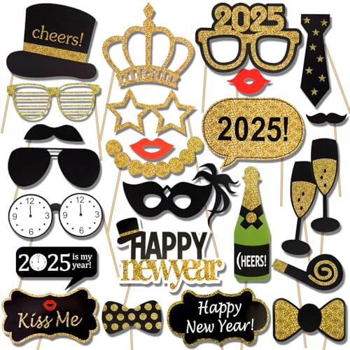 HOWAF 2025 Silvester Foto Requisiten Schwarz Gold Neujahr Photo Booth Props Hut Brille Fotobox Accessoires für Erwachsene Kinder Silvester Party Zubehör Silvester Deko 2025 Dekoration, 21pcs von HOWAF