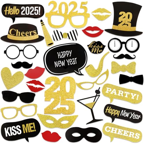 HOWAF 2025 Silvester Foto Requisiten Schwarz Gold Neujahr Photo Booth Props Hut Brille Fotobox Accessoires für Erwachsene Kinder Silvester Party Zubehör Silvester Deko 2025 Dekoration, 26pcs von HOWAF