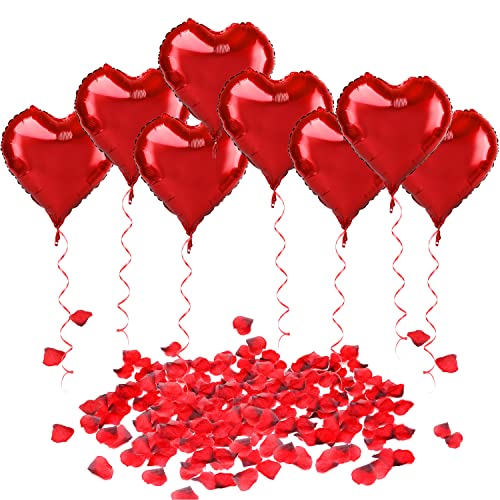 HOWAF 20pcs 18 Zoll Romantisch Deko Rot Herz Luftballons Helium Herzballons Folienballons mit Band, 1000pcs Rot Rosenblätter Rosenblüten für Hochzeit Party Dekoration von HOWAF