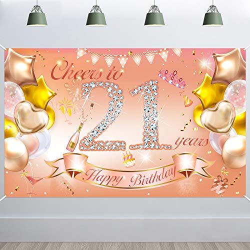 HOWAF 21. Geburtstag Banner für Frau 21. Geburtstag Dekoration Rose Gold, Stoff Plakat für 21. Geburtstag Hintergrund Deko Photo Booth für 21. Geburtstag Garten Tisch Mauer Deko von HOWAF