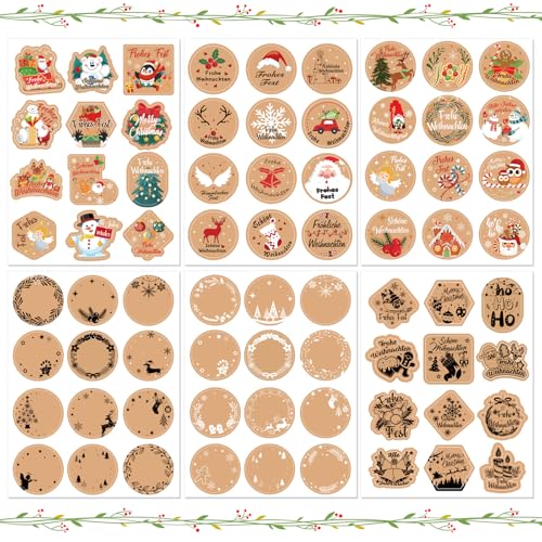 HOWAF 216 Frohe Weihnachten Aufkleber Weihnachten Geschenkaufkleber Weihnachten Kraftpapier Weihnachtsaufkleber zum Beschreiben, Weihnachtsaufkleber Selbstklebend Namensaufkleber Sticker Weihnachten von HOWAF