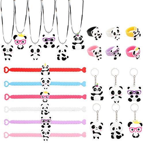 HOWAF 24 Pcs Kindergeburtstag Mitgebsel Set Panda Armbänder Halskette Schlüsselanhänger Ringe für Junge Mädchen Deko Kindergeburtstag Mitgebsel Gastgeschenke von HOWAF