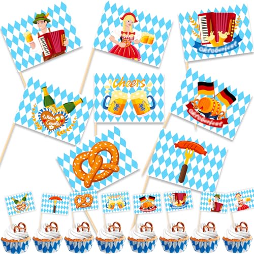 HOWAF 24pcs Oktoberfest Party Picker für Wiesn Tisch Deko Oktoberfest Cupcake Topper, Blau Weiße Fahnenpicker für Bayern Deko, Zahnstocher Holzpicker für Snack Lebensmittel Oktoberfest Zubehör von HOWAF