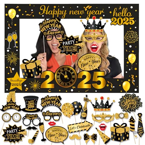 HOWAF 26pcs Silvester Foto Requisiten mit 90X60CM XXL Silvester Fotorahmen Bilderrahmen Neujahr Photo Booth Props Fotobox Accessoires Silvester Party Zubehör für Neujahrsdeko Silvester Deko 2025 von HOWAF