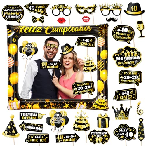 HOWAF 28pcs 40. Geburtstag Party Photo Booth Requisiten, Schwarz-Gold 40. Geburtstag Party Requisiten und riesige Alles Gute zum Geburtstag aufblasbare Geburtstagsparty Photo Booth Rahmen Geburtstag von HOWAF