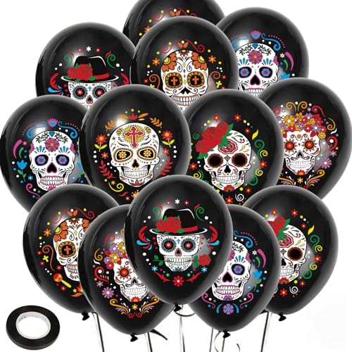 HOWAF 30 Dia De Los Muertos Deko Luftballons Dia De Los Muertos Luftballons Tag der Toten Ballons Halloween Luftballons Sugar Skull Luftballons Day of The Dead für Cinco De Mayo Halloween Deko von HOWAF