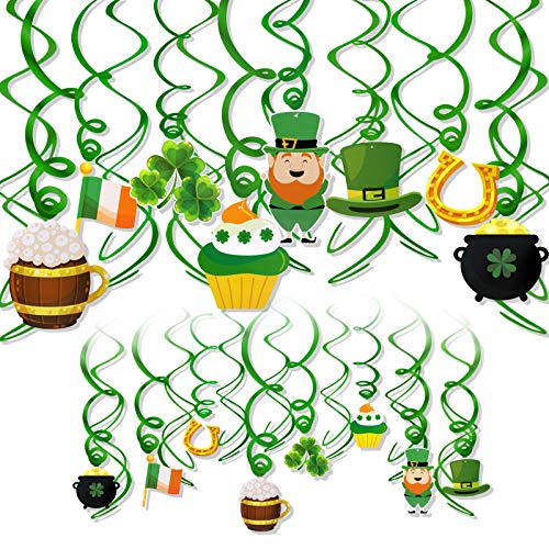 HOWAF 30 Stück St. Patrick's Day Deckenhänger Spiral Girlanden, Irische Flaggen Bierkrug Kobold-Hut Kleeblätter Wirbel Hängedeko St. Patricks Day für St. Patricks Day Irish Party Dekorationen von HOWAF