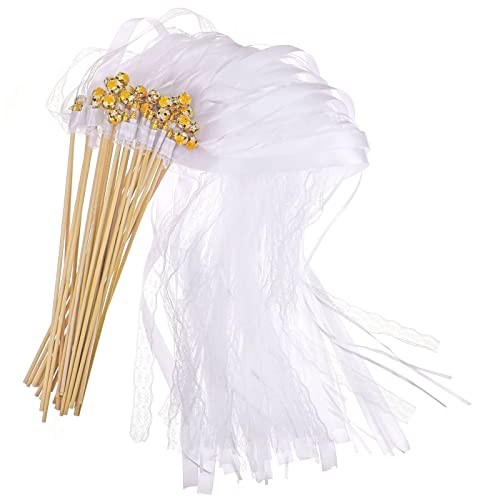 HOWAF 30 Stück Wedding Wands mit Glöckchen Zauberstäbe Hochzeit Luftschlangen Weiß Spalier Hochzeit Stäbe mit Hochzeitsbändern Seidenfeenstab Hochzeitsdeko für Hochzeiten Geburtstage Weihnachten Party von HOWAF