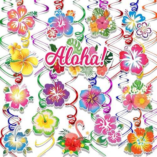 HOWAF 30pcs Hibiskus Blume hängende wirbelt hawaiianische tropische Luau Partei Dekoration Folie Wirbel Flamingo Floral Swirl Streamer für Aloha Themed Party Supplies Tiki Beach Party Deckendekoration von HOWAF