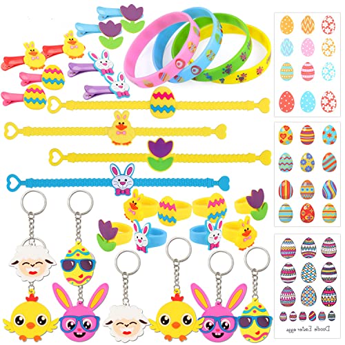 HOWAF 35 Stück Ostern Schlüsselanhänger Armband Ringe Haarspangen Tattoos Set für Ostern Mitgebsel, Ostern Geschenke Kinder, Kleine Ostergeschenke Kinder, Osterkörbchen, Osternester zum Befüllen von HOWAF