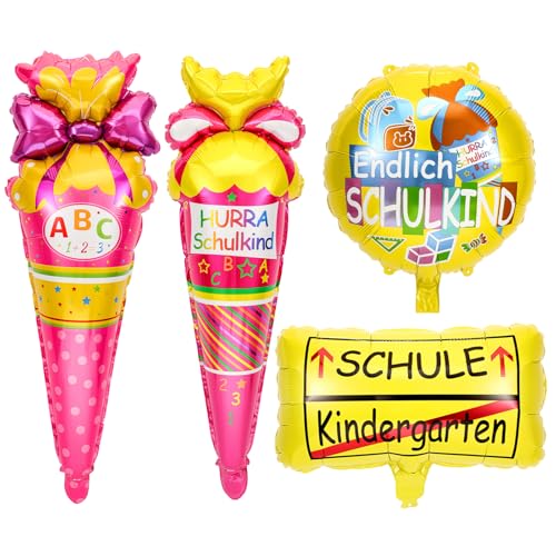 HOWAF 4 Luftballons Einschulung Deko Mädchen, Zuckertüte Folienballon Einschulung Luftballons, Endlich Schulkind Luftballon Deko Einschulung Mädchen für schuleinführung Deko, Schulanfang Deko von HOWAF