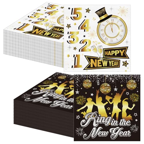 HOWAF 40 Servietten Silvester, Happy New Year Servietten Silvester Servietten 2025, Neujahr Papierservietten Tissue Silvester Tischdeko für Neujahr Deko, Silvester Deko 2025, 33x33 cm, Schwarzgold von HOWAF