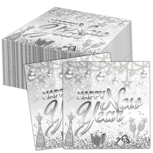 HOWAF 40 Stück Servietten Silvester, Happy New Year Servietten Silvester Servietten 2025, Neujahr Papierservietten Tissue Silvester Tischdeko für Neujahr Deko, Silvester Deko 2025, 33x33 cm, Silber von HOWAF