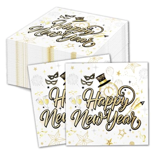 HOWAF 40 Stück Servietten Silvester, Happy New Year Servietten Silvester Servietten 2025, Neujahr Papierservietten Tissue Silvester Tischdeko für Neujahr Deko, Silvester Deko 2025, 33x33 cm, Weißgold von HOWAF