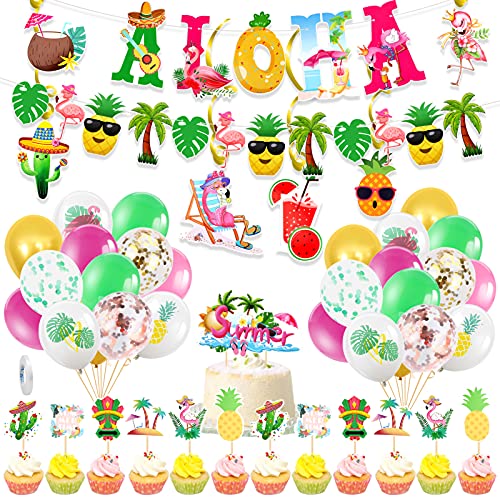 HOWAF 47pcs Hawaii Party Deko Set, Aloha Banner Hawaii Luftballons Tropisch Spiral Girlanden Deko Hawaii Cupcake Topper, Bunter Sommer Tropisch Party Beachparty Deko für Luau Tiki Geburtstag Party von HOWAF