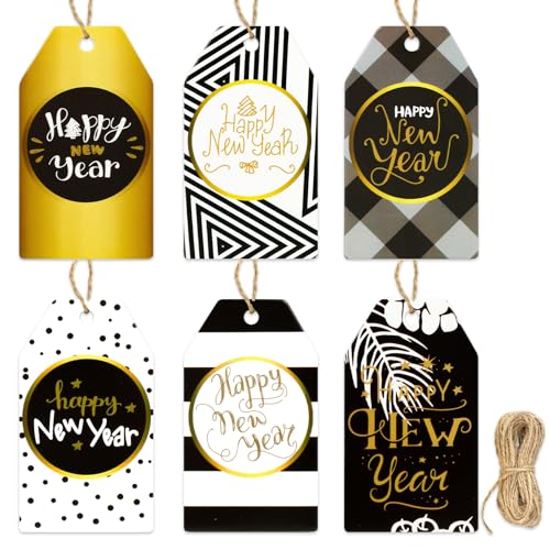 HOWAF 60pcs Happy New Year Papier Geschenkanhänger, Schwarz und Gold Neujahr Namensschilder Etikett mit Schnur für 2024 Neujahr Geschenke Dekoration, Neujahr Dekorationen Geschenk Wrap Supplies DIY von HOWAF