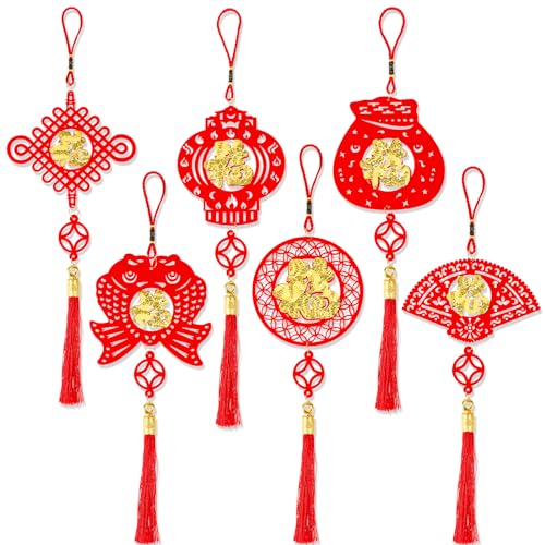 HOWAF 6pcs Chinesische Neujahr Hängen Dekorationen Ornament, Gold Rote Quaste Chinesischer Knoten Anhänger Frühlingsfest Dekorationen Hängen für Auto Tür Fenster Wand Nach Hause Deko von HOWAF