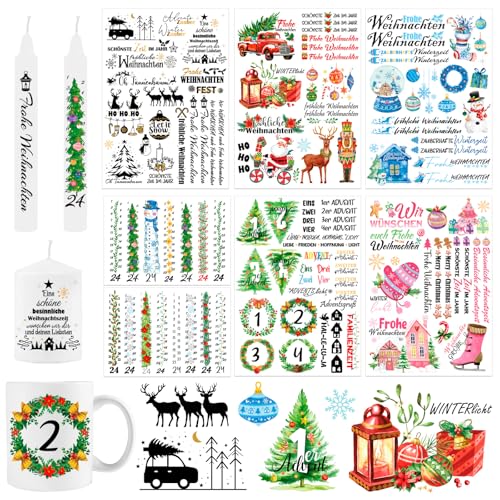 HOWAF 7 Bögen Kerzentattoos Weihnachten, Kerzen Tattoo Weihnachten Adventskalender Kerzen Folie Weihnachten, Kerzen Sticker Kerzen Aufkleber Weihnachten, Sprüche zum Verschenken, für Kerzen/Keramik von HOWAF