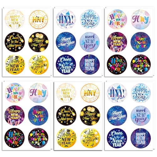 HOWAF 72 Stück Aufkleber Silvester Deko 2025, Frohes Neues Jahr Aufkleber Sticker Set Rund Farbig Neujahr Aufkleber Zum Beschriften für Silvesterdeko Happy New Year Deko 2025 Deko Silvester Party 2025 von HOWAF