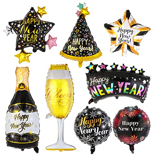 HOWAF 8 Stück Silvester Deko 2025 Luftballons Neujahr Deko 2025, Silvester Luftballons Folienballon Neujahr Ballons Happy New Year Helium Ballons Schwarz Gold für Silvesterparty Silvesterdekoration von HOWAF